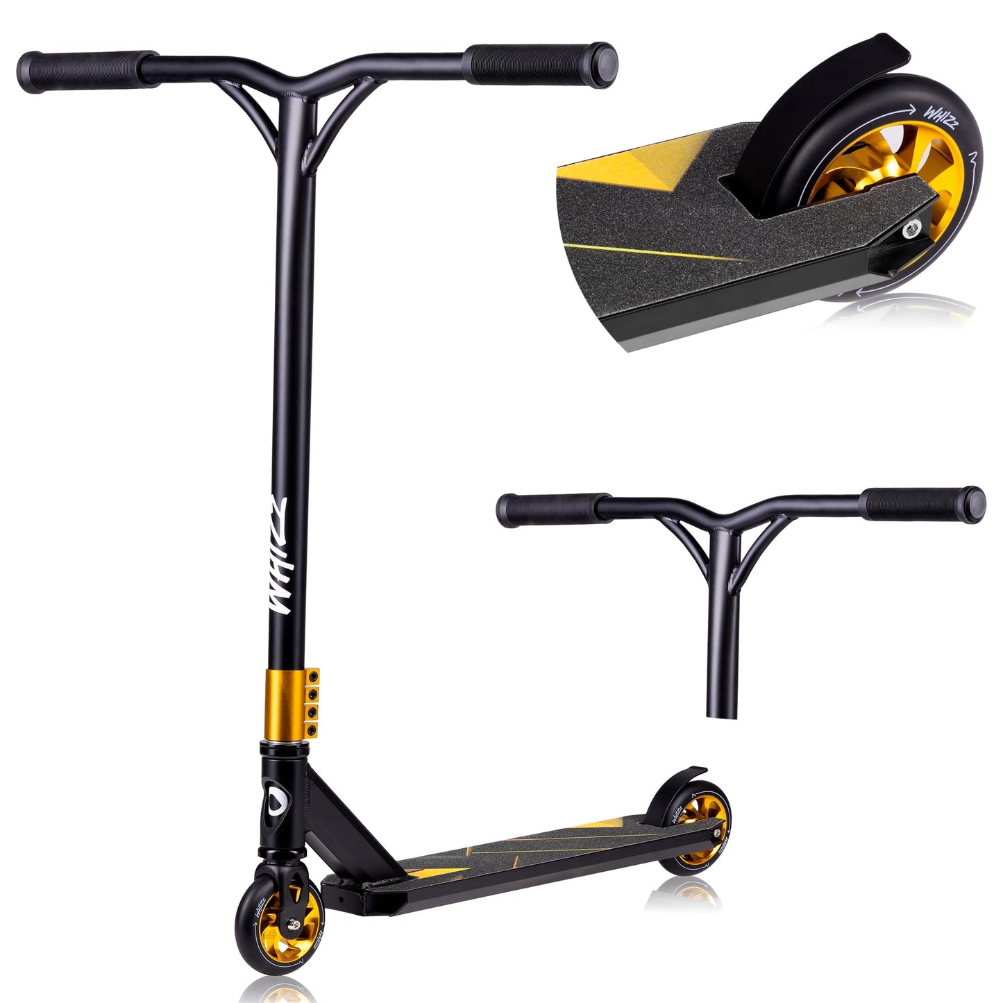 Lionelo Whizz freestyle stunt scooter with aluminium deck, Y-bar handlebar, and 110mm high-rebound wheels.