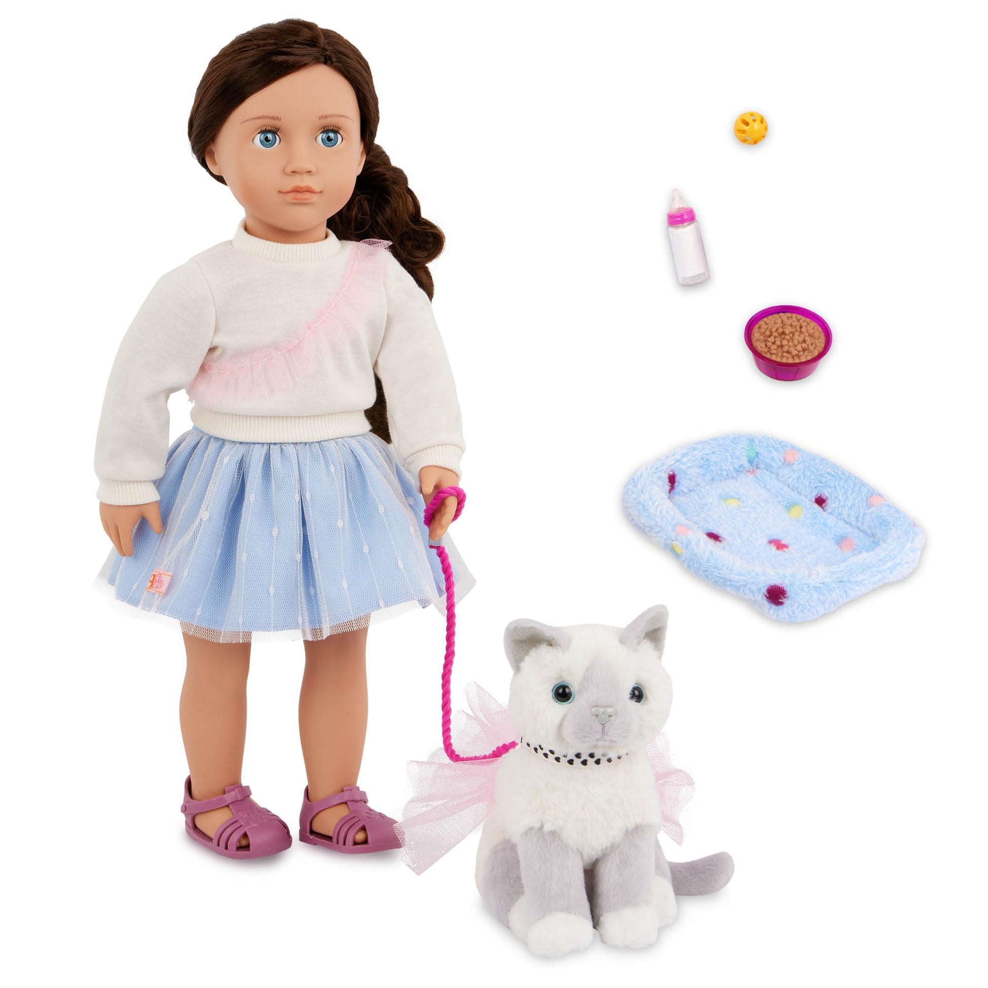 Our Generation 18-inch doll Mindy with her kitten Pepper, featuring doll accessories and a plush cat toy.