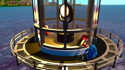 Screenshot of GANG BEASTS gameplay on Nintendo Switch showing colorful characters in a humorous brawl.