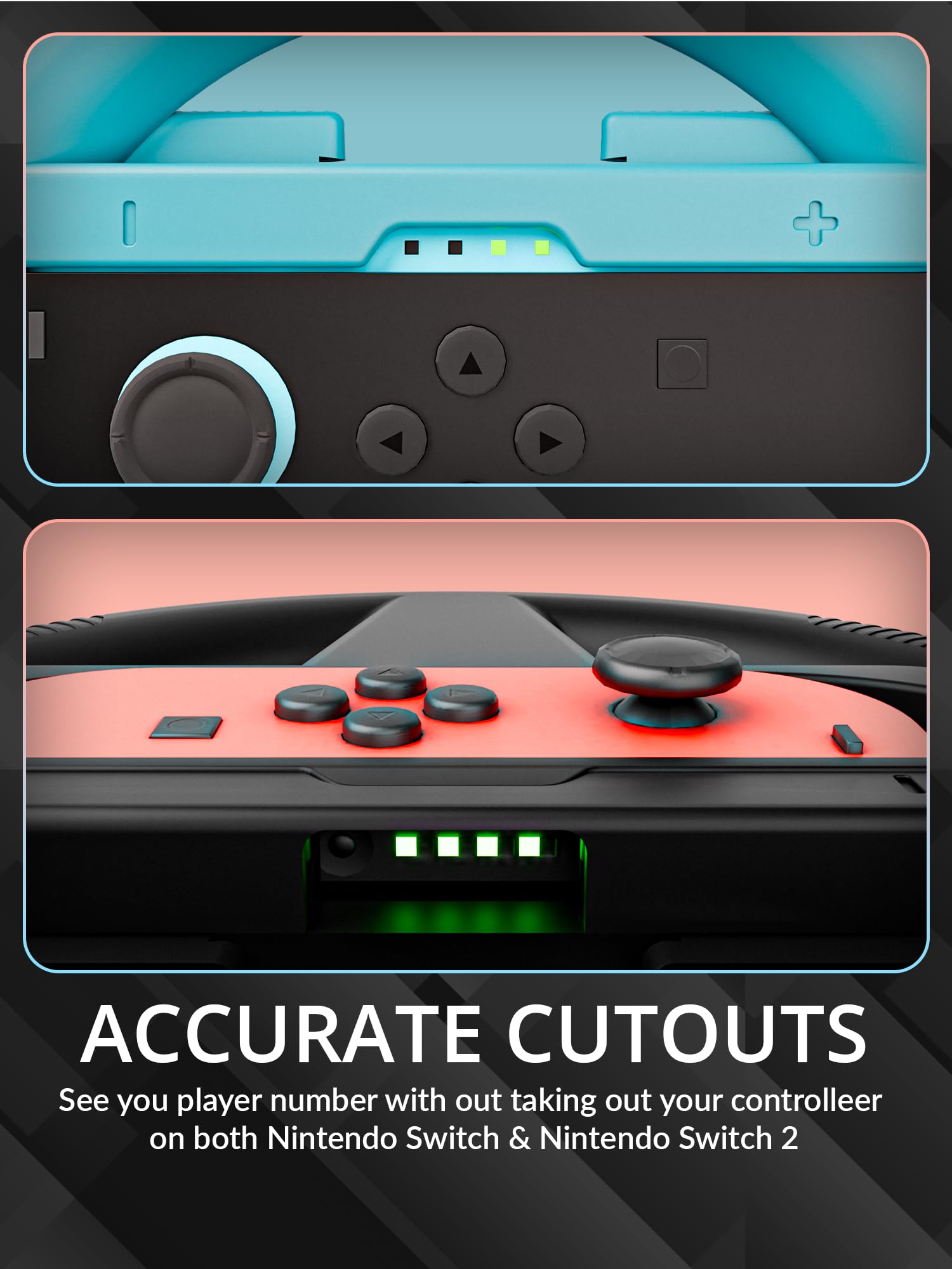 Orzly racing steering wheel attachments for Nintendo Switch Joy-Con, includes four colorful black, blue, and red controllers for racing games