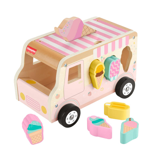 Fisher-Price Wood toddler toy ice cream truck shape sorter set with nine wooden pieces for developmental play for kids 18+ months.