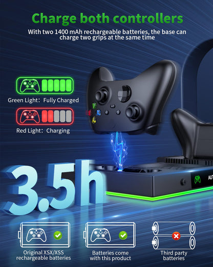 Gorixer AI Cooling Fan with charging stand, dual wireless charger for Xbox Series X controllers, rechargeable batteries, and disc storage