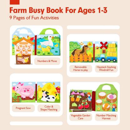 hahaland Montessori Busy Book for 1+ Year Old – 15-in-1 Interactive Sensory Busy Board, Educational Felt Toddler Quiet Toy & Travel Activity, Farm-Themed Baby Toy for 18M+ Girls Boys Airplane
