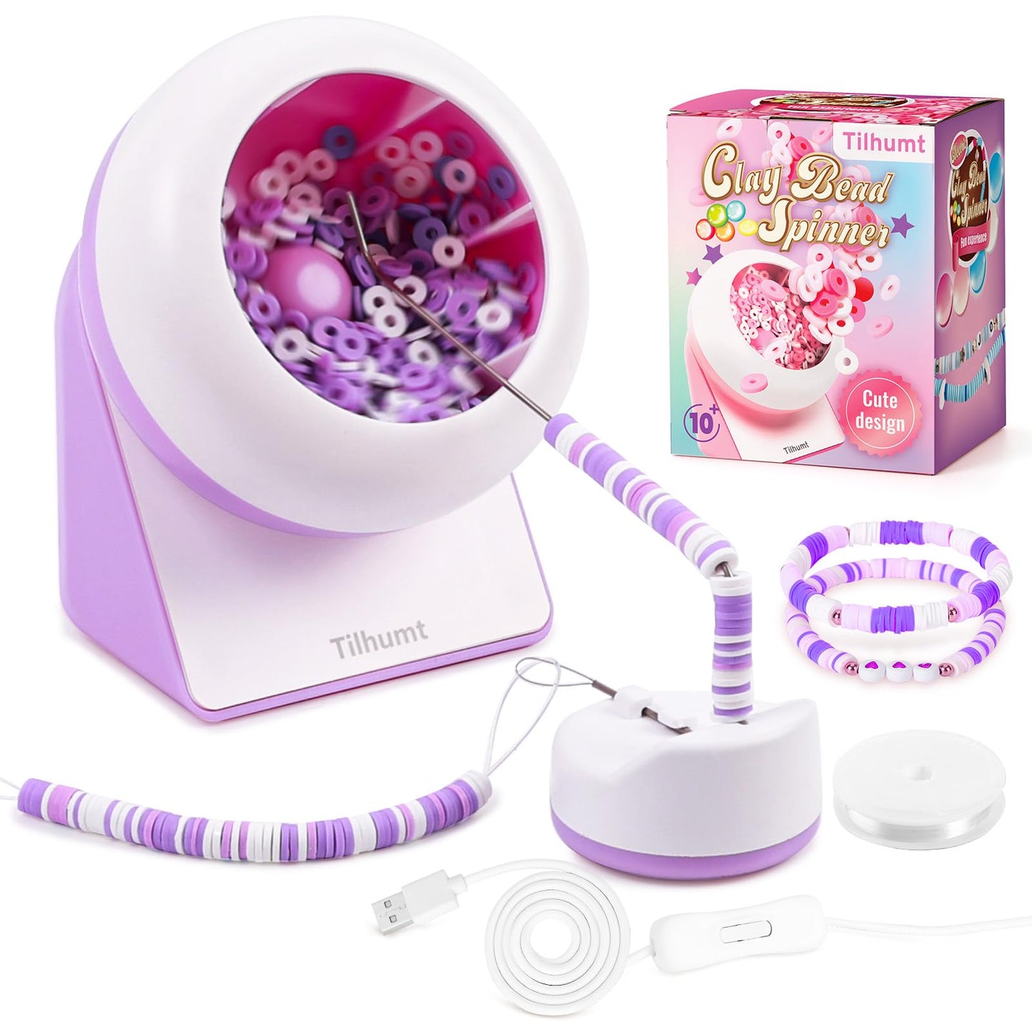 Tilhumt Clay Bead Spinner, Electric Bead Spinner for Jewelry Making, Friendship Bracelets Maker with Needle and Elastic String, Gift, Patent Design, Purple (Beads Not Included)