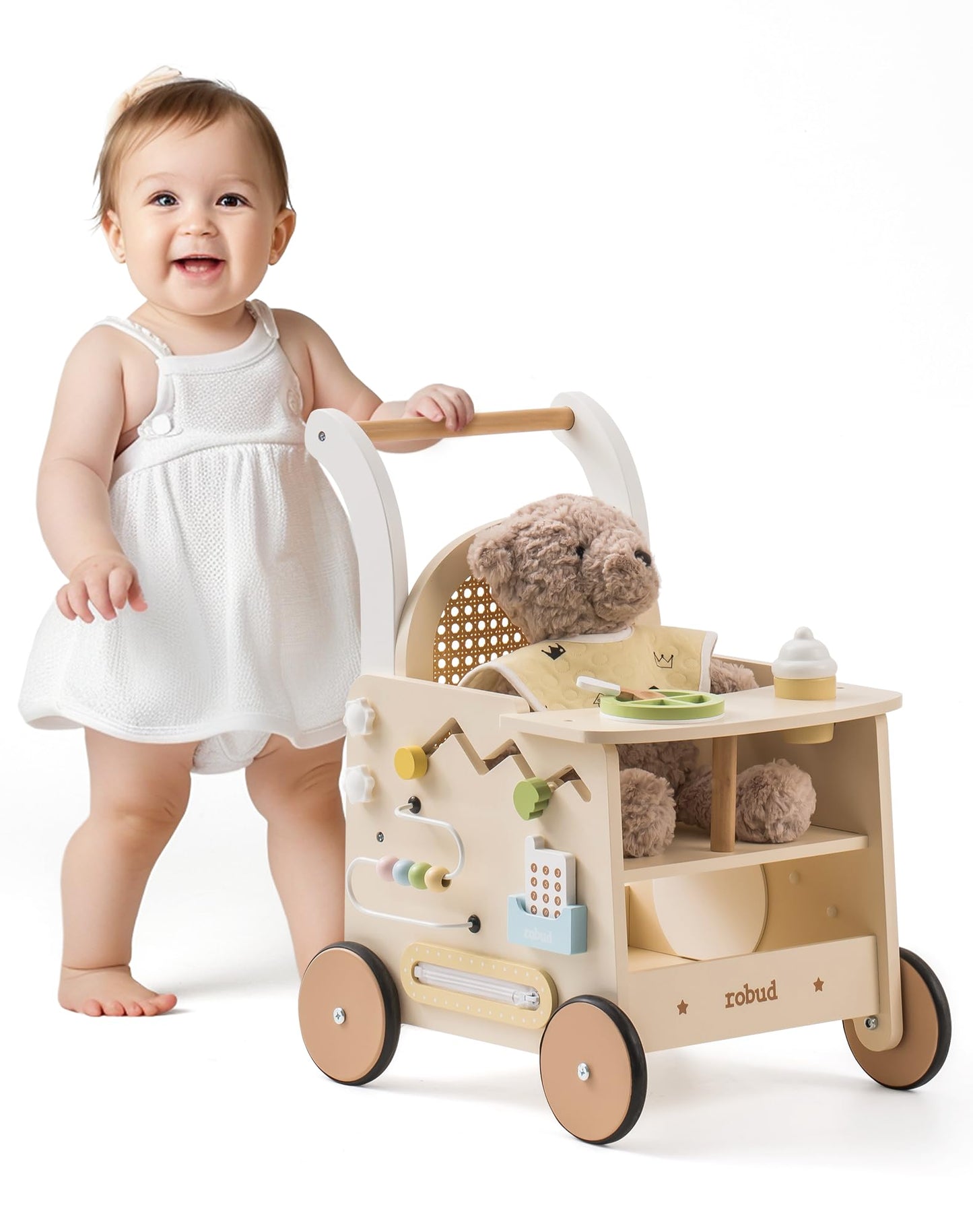 Robud wooden baby walker with activity center, doll stroller, safety brakes, educational toys for toddlers 10+ months, suitable for boys and girls