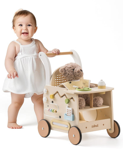 Robud wooden baby walker with activity center, doll stroller, safety brakes, educational toys for toddlers 10+ months, suitable for boys and girls