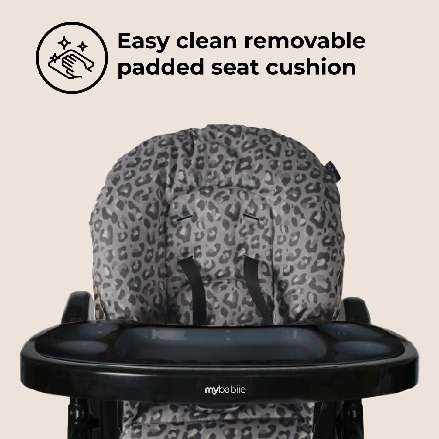 My Babiie MBHC8 Premium Highchair – Adjustable, 3 Recline Positions, 6 Height Settings, Removable Tray, Padded Seat, Foldable, for Toddler, from 6 Months to 3 Years (15kg) – Black Leopard