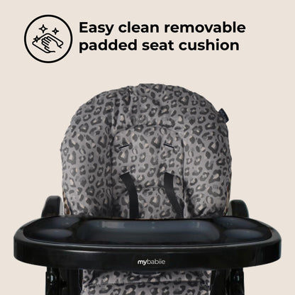 My Babiie MBHC8 Premium Highchair – Adjustable, 3 Recline Positions, 6 Height Settings, Removable Tray, Padded Seat, Foldable, for Toddler, from 6 Months to 3 Years (15kg) – Black Leopard