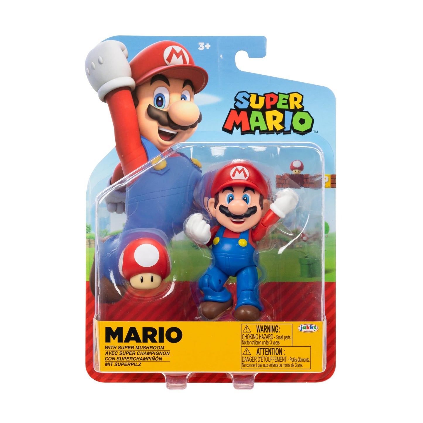 Super Mario 4-inch poseable figure by Super Mario with Power-up Mushroom accessory, suitable for ages 3 and up.