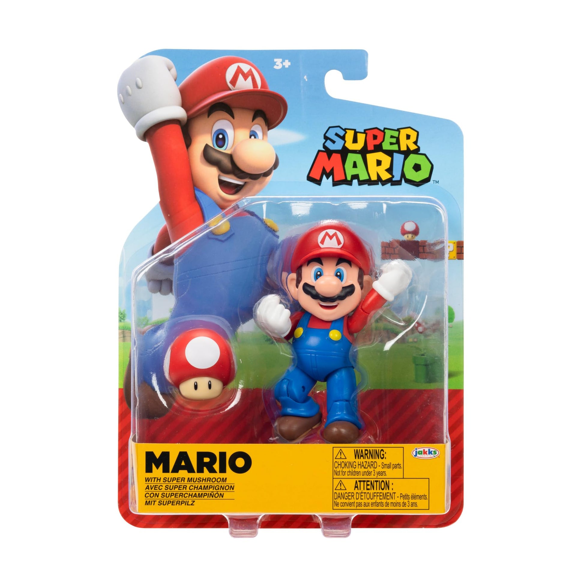 Super Mario 4-inch poseable figure by Super Mario with Power-up Mushroom accessory, suitable for ages 3 and up.
