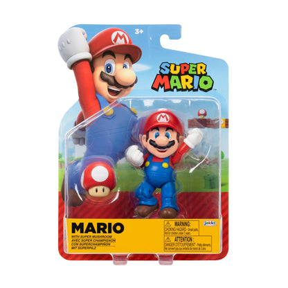 Super Mario 4-inch poseable figure by Super Mario with Power-up Mushroom accessory, suitable for ages 3 and up.