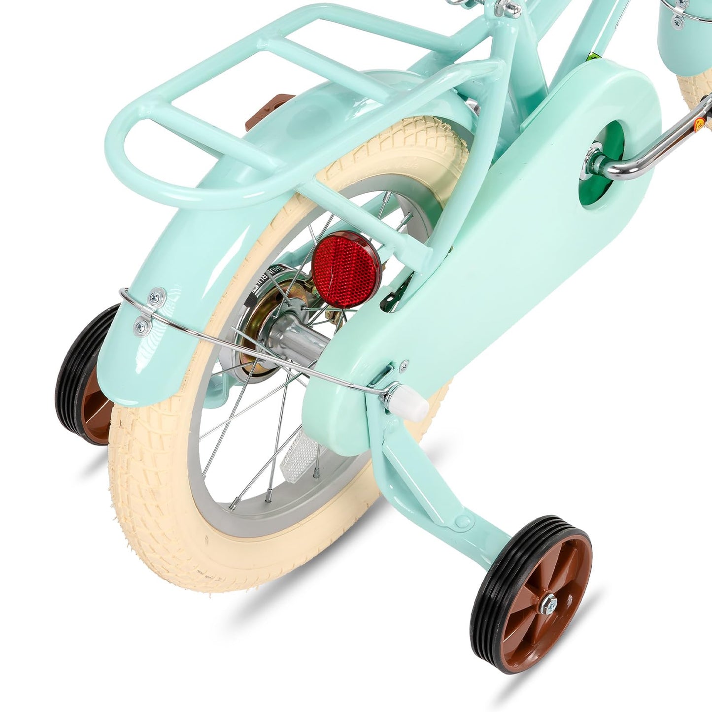 STITCH 14 inch mint green girls bike with basket and stabilizers, designed for kids ages 3 to 5.