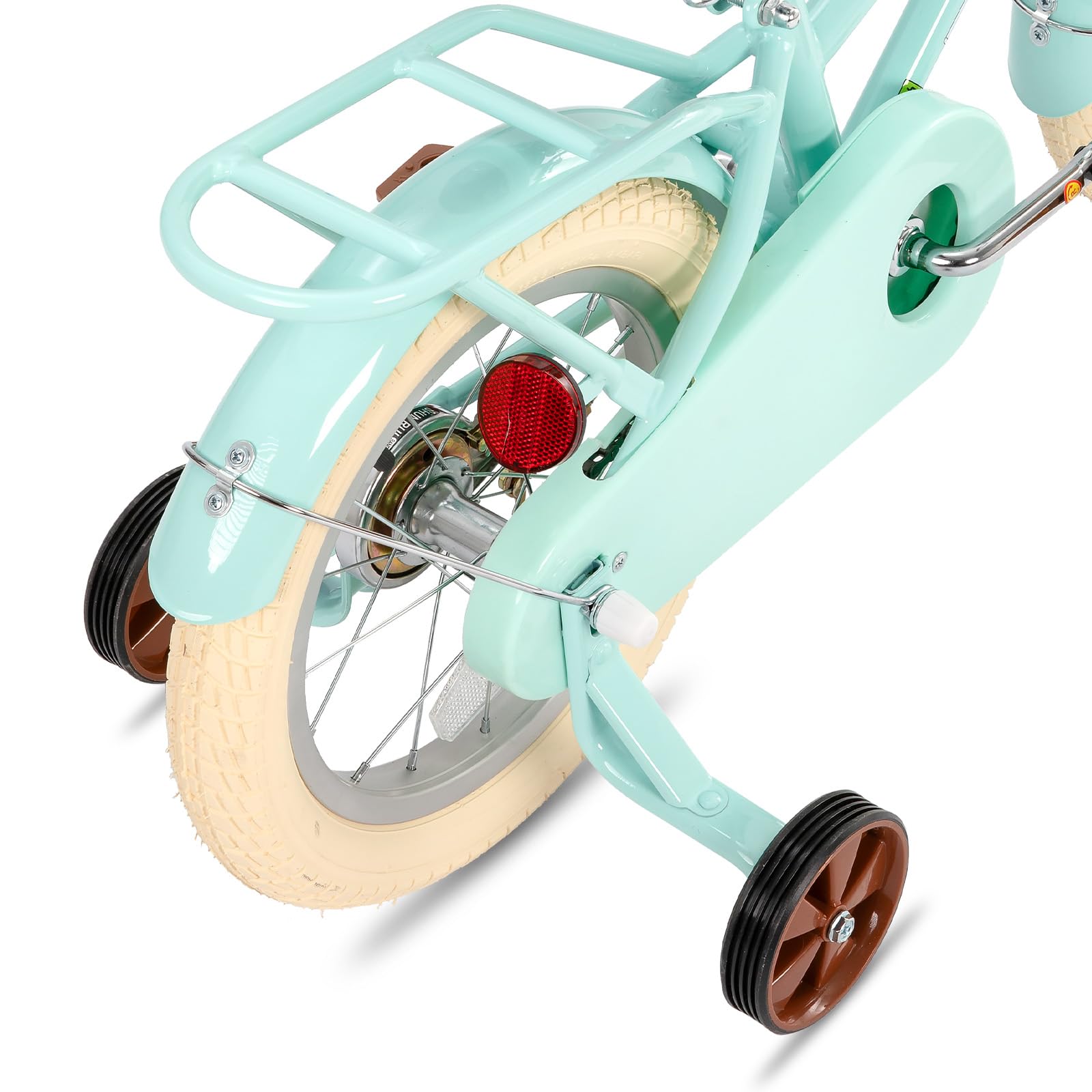 STITCH 14 inch mint green girls bike with basket and stabilizers, designed for kids ages 3 to 5.