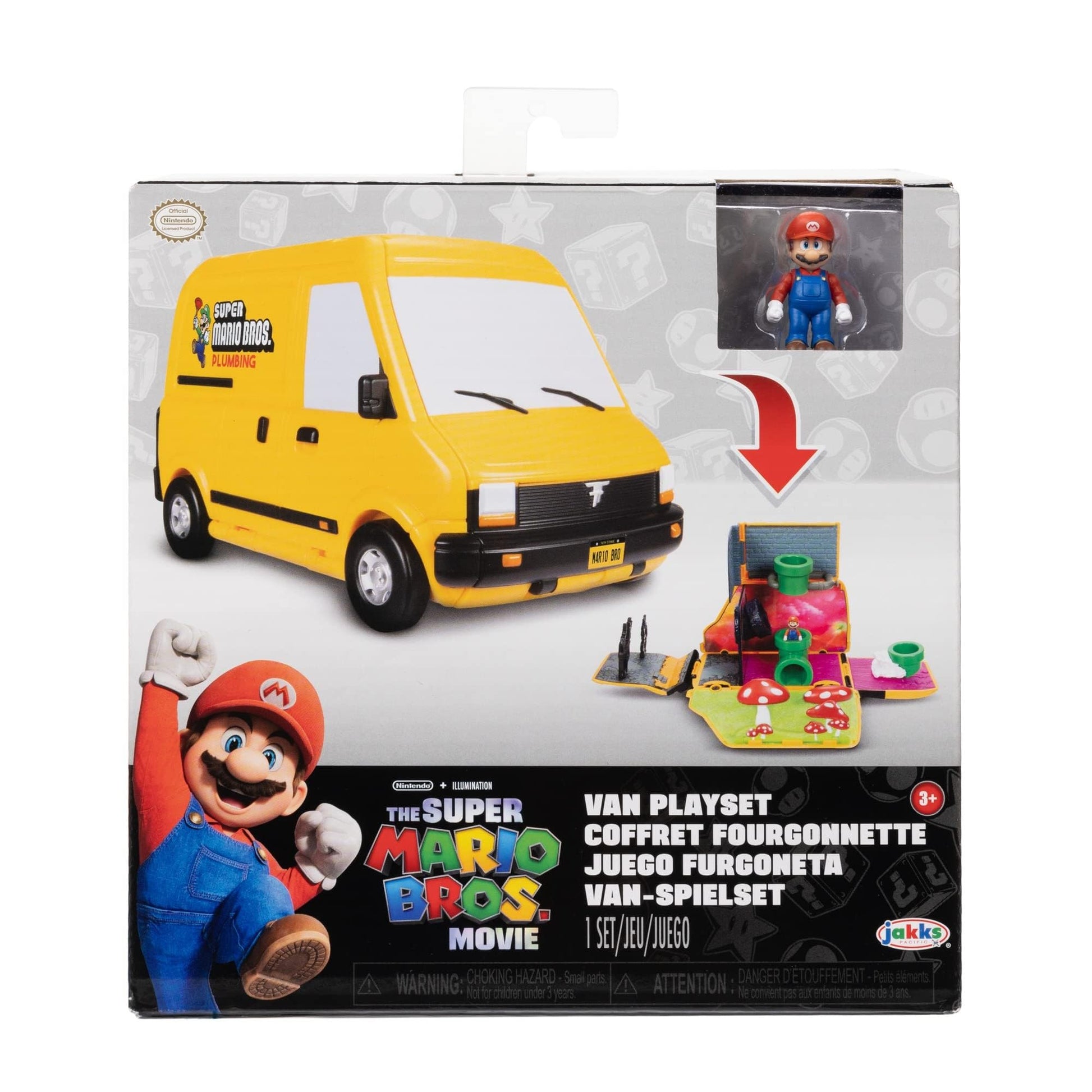 Super Mario Bros Movie Van Playset by Jakks Pacific featuring Mario figure, warp pipe, transforming vehicle, and classic Nintendo scenes.