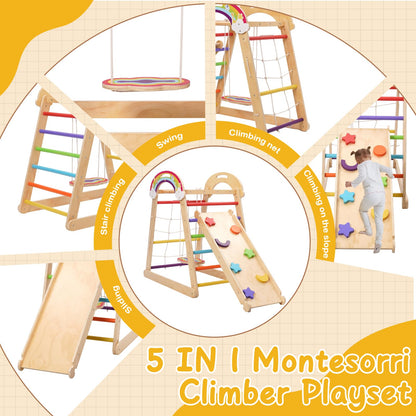 5-in-1 Wooden Climbing Frame, Adjustable Slide, Swing, Climbing Net and Monkey Bars,Montessori Indoor/Outdoor Jungle Gym for Toddlers