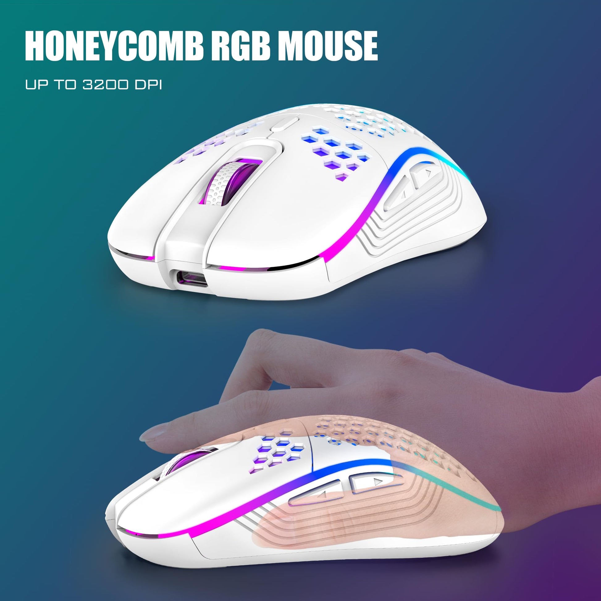 RedThunder K84 wireless gaming keyboard and honeycomb mouse with rainbow backlight, UK layout, compact 85-key TKL design, white color.