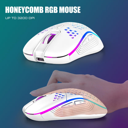 RedThunder K84 wireless gaming keyboard and honeycomb mouse with rainbow backlight, UK layout, compact 85-key TKL design, white color.