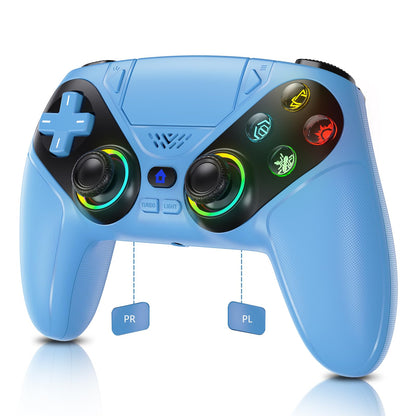Gamrombo RGB wireless PS5 and PC game controller with back buttons, touchpad, turbo, vibration, 6-axis sensor, and 3.5mm audio jack.