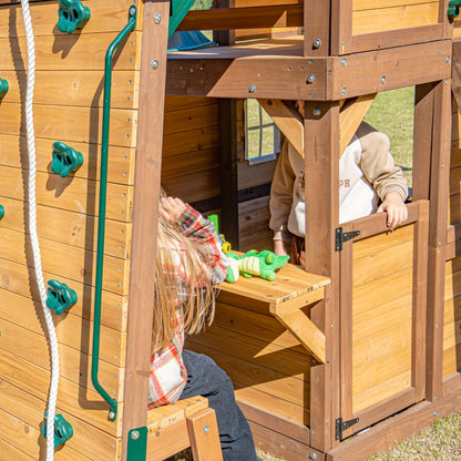 DOLPHIN PLAYGROUND T Swing Set for Backyard with Slide, 2 Swings, Trapeze Bar, Climbing Wall, Play house for Kids Outdoors with Kitchen Toys and Wooden Roof – Cedar Wood Outdoor Playset for Ages 3+