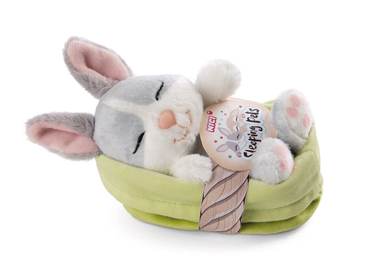 Nici Soft Toy Sleeping Pets Bunny grey in green basket 12cm