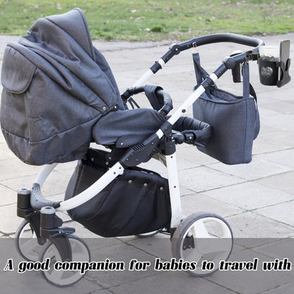 Black BAGUBDR pram cup holder with phone holder and coffee holder attached to a pushchair or stroller.