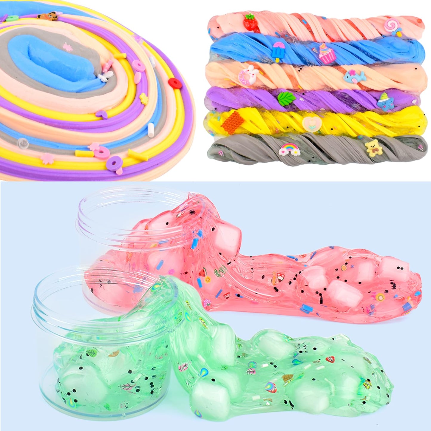 Petyuioyu slime kit with 6 butter and 6 crystal scented slime putty, soft, non-sticky, for kids' party favors and stress relief.