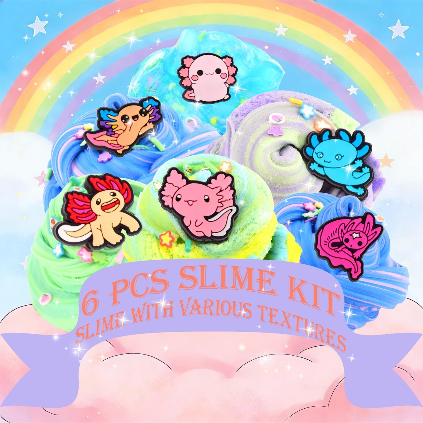 Six axolotl slime kits by GEILEADER featuring blue cloud dough and crystal slime, perfect for kids' party favors and birthday gifts.