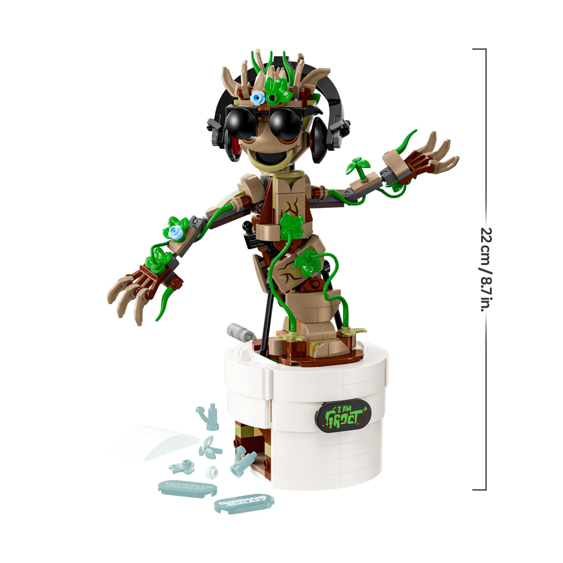 LEGO Marvel Dancing Groot action figure, buildable toy with movable limbs, perfect for kids' interactive play.