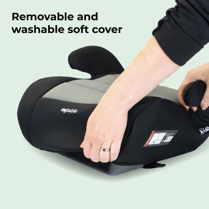 My Babiie Booster Lite R129 Car Seat - Lightweight at 1kg, Approx. 6-12 Years (125-150cm, 22-36kg), i-Size Backless Child Car Seat, Group 3, Compact, Portable, Ideal for Travel - Black & Grey