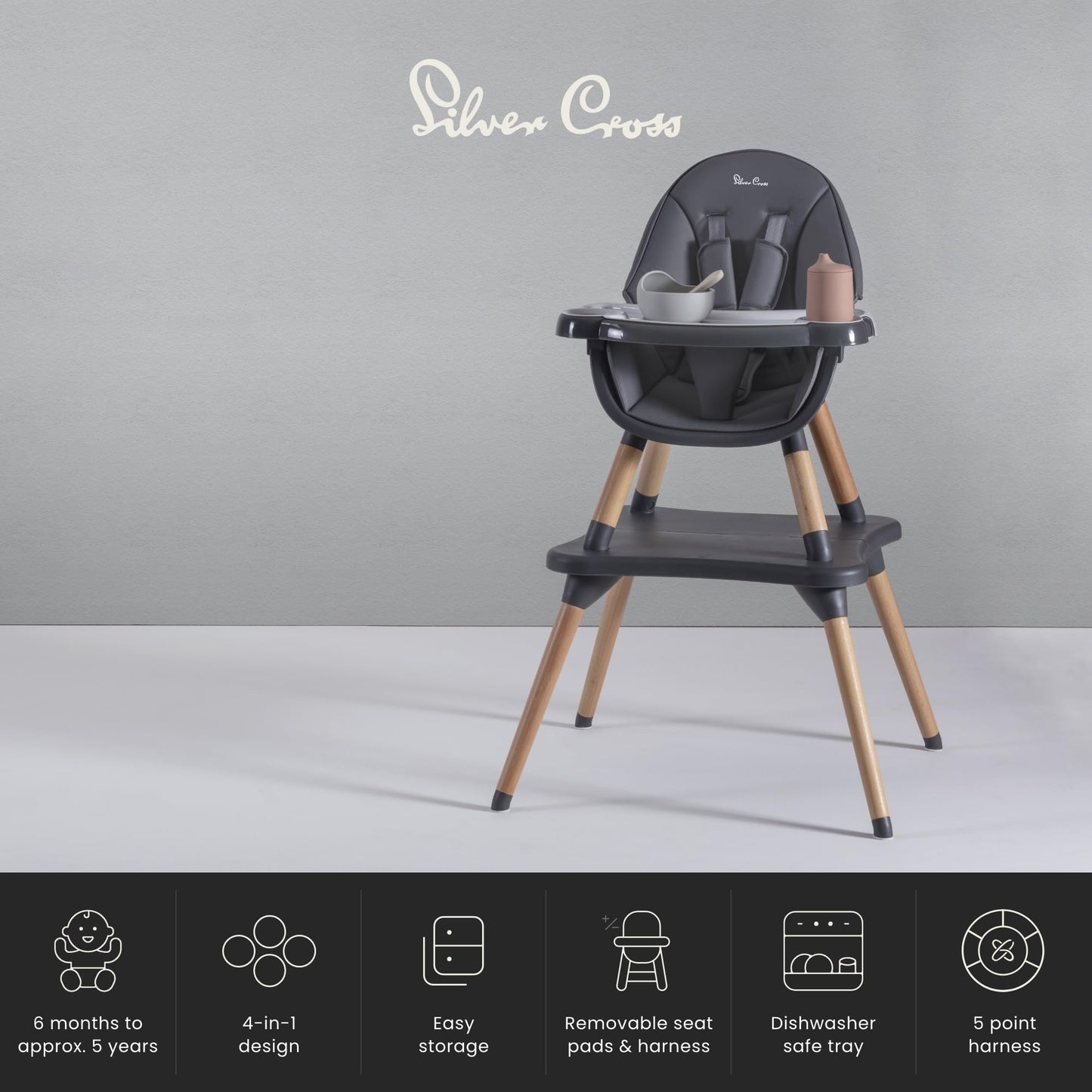 Silver Cross - Eat&Play 4-in-1 Highchair - Convertible Baby Chair - Highchair, Booster seat, Toddler Chair & Table All in 1-6 Months to 5 Years - Graphite