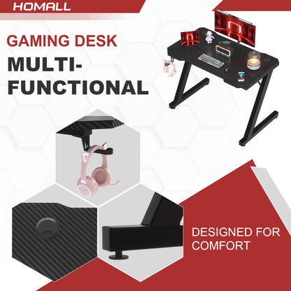 Homall Gaming Desk 80 x 52 cm PC Computer Desk Z Shaped Computer Table PC Gaming Table Gamer Desk for Home Office, Desk with Headphone Hook, Black