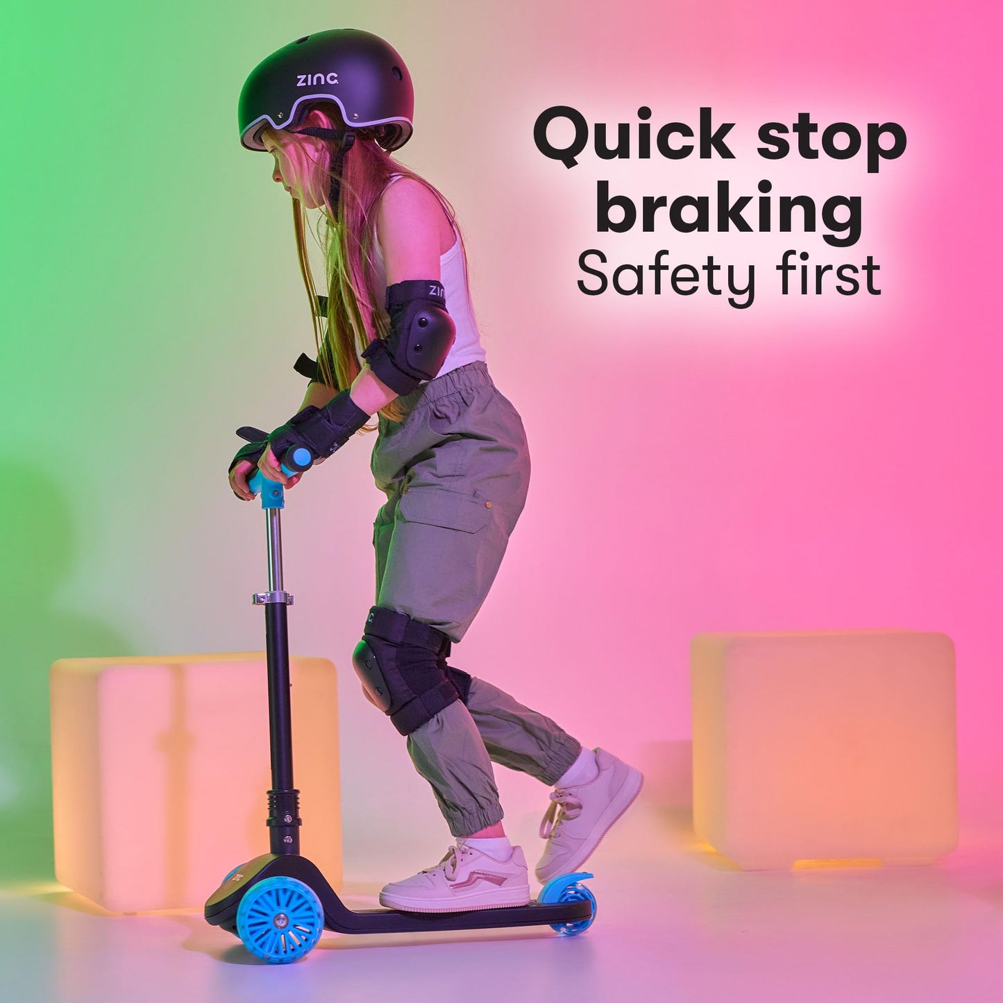 Zinc T-Motion Shine Kids Scooter for Ages 3+ – Three Wheeled Folding Boys & Girls Scooter with LED Light Up Deck & Wheels, Adjustable Handlebar, Lean & Steer Controls, Rear Brake, Black & Blue