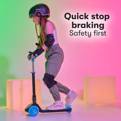 Zinc T-Motion Shine Kids Scooter for Ages 3+ – Three Wheeled Folding Boys & Girls Scooter with LED Light Up Deck & Wheels, Adjustable Handlebar, Lean & Steer Controls, Rear Brake, Black & Blue
