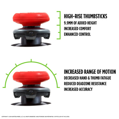 KontrolFreek FPS Freek Inferno thumbsticks for PS4 and PS5, red high-rise concave performance grips shown on gaming controller