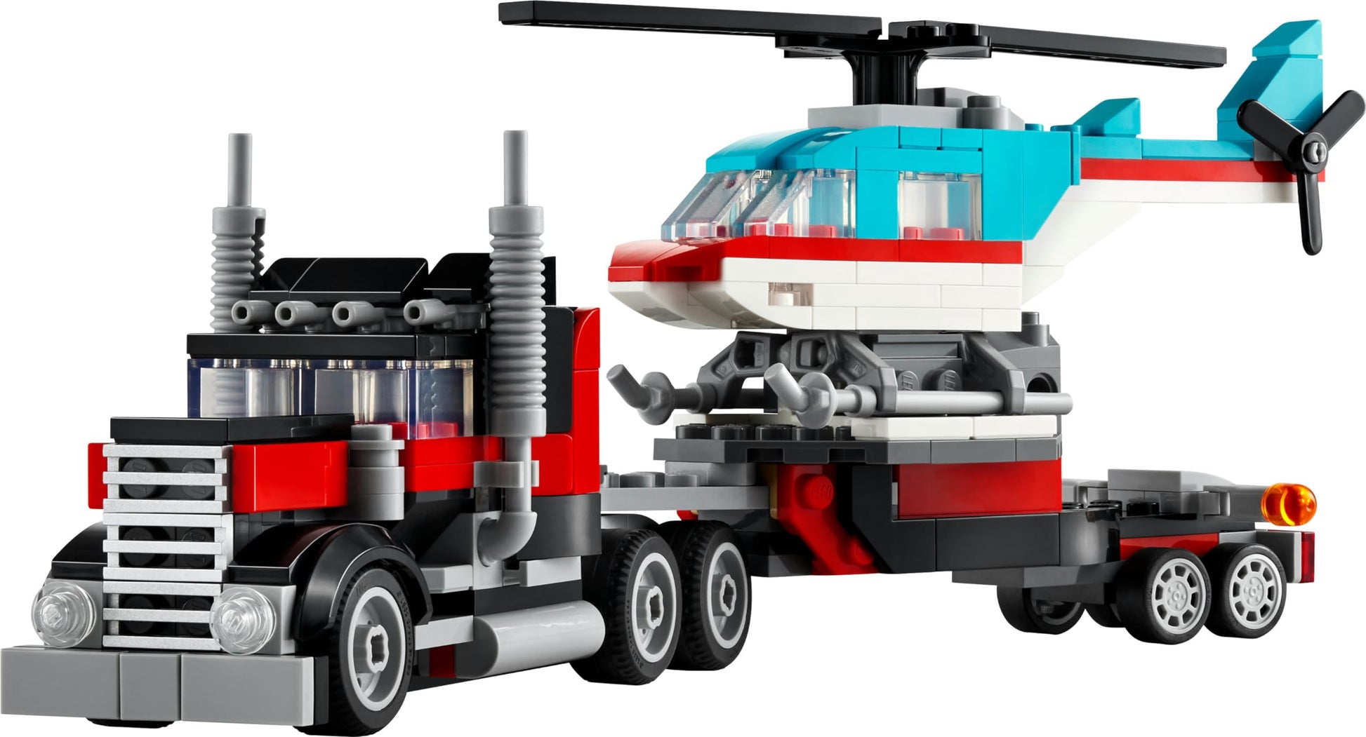 LEGO Creator 3in1 Flatbed Truck set featuring a helicopter, propeller plane, and various cool vehicle builds for kids.