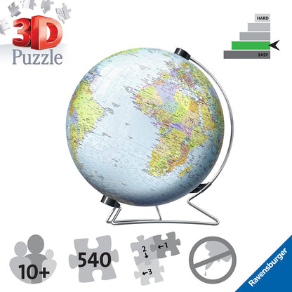 Ravensburger 3D World Globe Puzzle on V-stand with 540 plastic pieces, suitable for ages 10 and up, no glue needed.