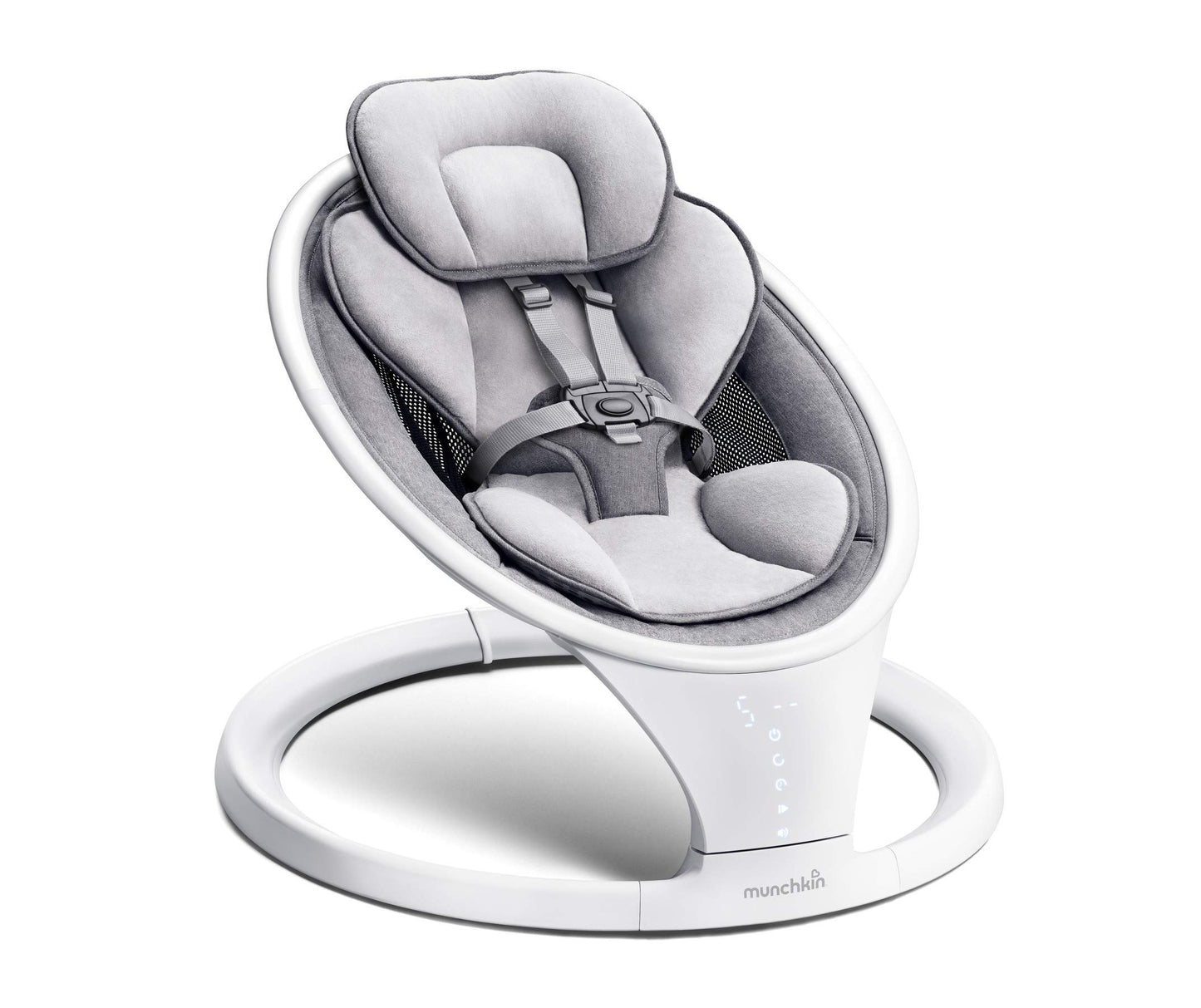 Munchkin electric baby swing in white with Bluetooth, portable bouncer chair featuring gentle bouncing, motion, and soothing sounds.