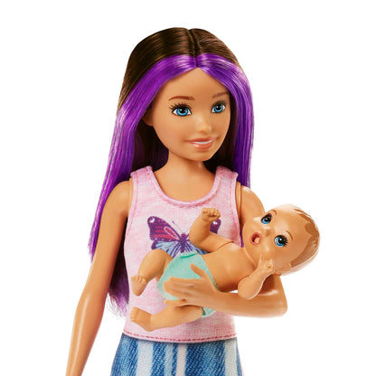 Barbie Skipper Babysitters Inc crib toy playset with Skipper doll, baby doll with sleepy eyes, furniture, and accessories.