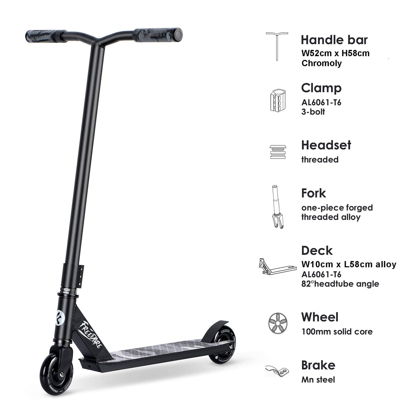 FREEDARE Pro Stunt Scooter Complete Trick Scooter for Kids 8 Years and Up, Teens, Adults, Boys and Girls, Freestyle Street for Intermediate and Beginner Skate Park (Black)