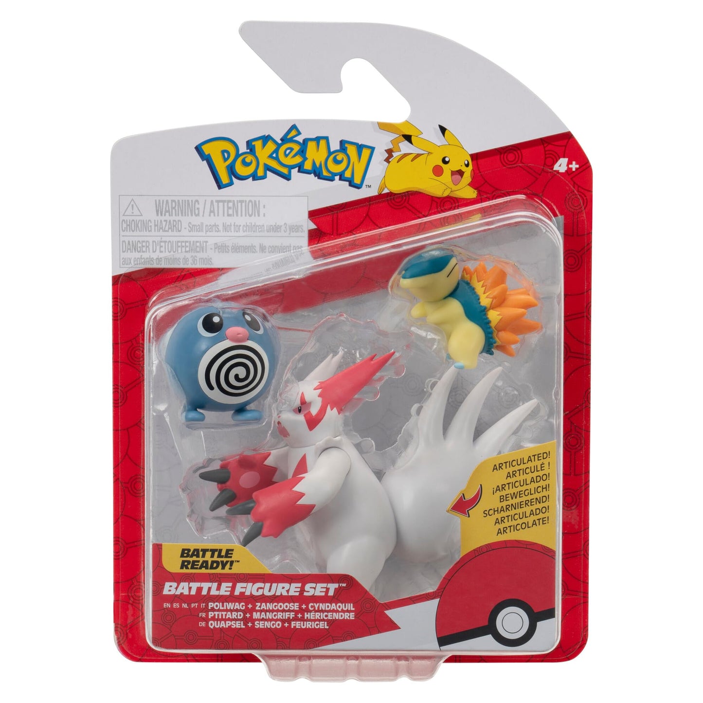 Pokemon Battle Figure 3-Figure Pack featuring Poliwag, Zangoose, and Cyndaquil in colorful toy design.