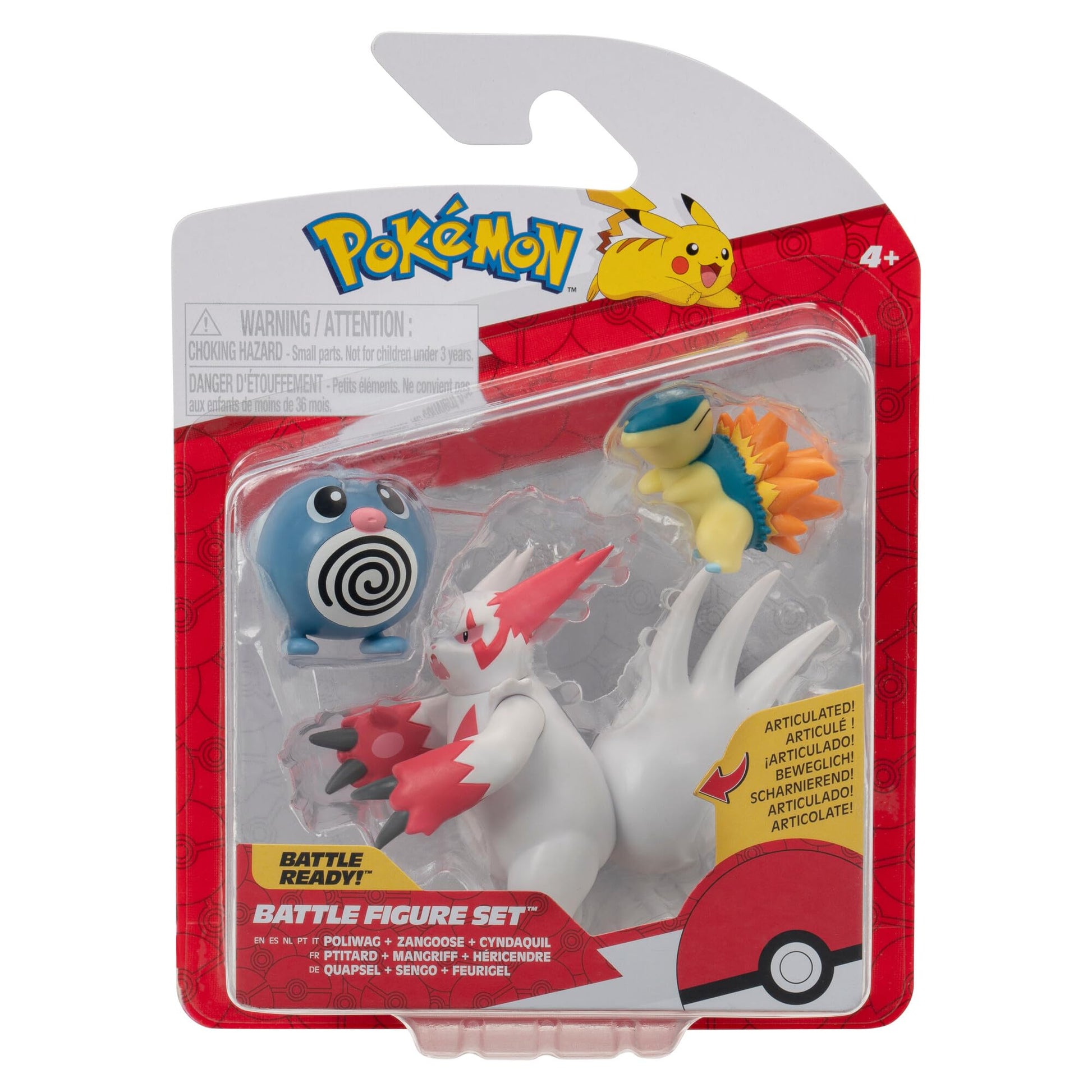 Pokemon Battle Figure 3-Figure Pack featuring Poliwag, Zangoose, and Cyndaquil in colorful toy design.