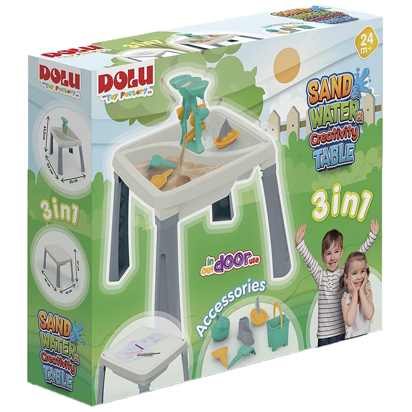 DOLU 3-in-1 sand and water activity table for children, white and grey, with garden play tray for toddlers 24 months and up