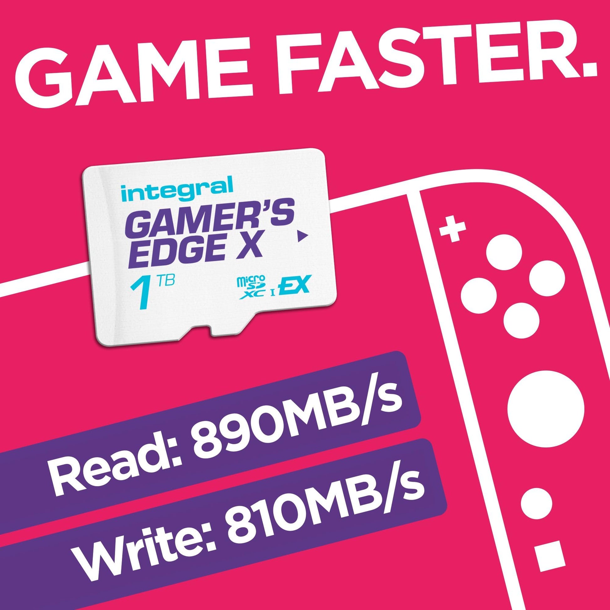 Integral 1TB Gamer's Edge X Micro SD Express Card for Nintendo Switch 2, high-speed storage with 890MB/s read and 810MB/s write.