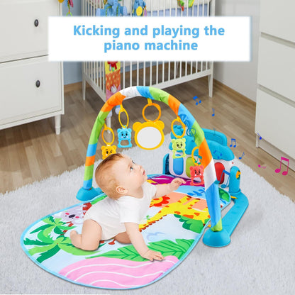 Colorful baby gym play mat with piano, toys, and music for infants 0-36 months, featuring cartoon piano design by Ylnailky.
