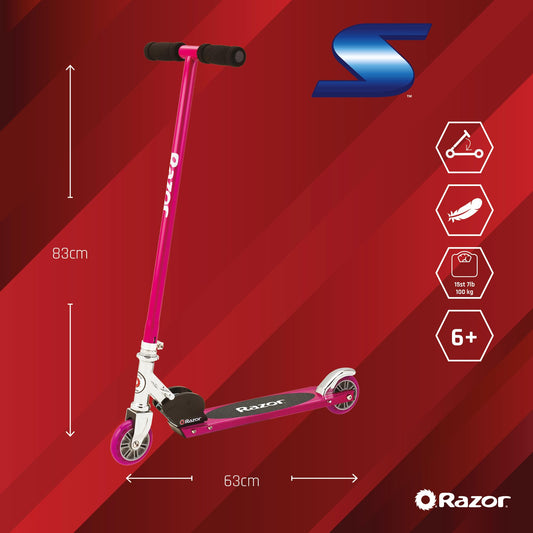 Pink Razor S Real Steel Kick Scooter with a sturdy frame and two wheels, perfect for kids and outdoor fun.