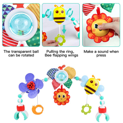 Colorful baby play arch with hanging rattles and plush toys, designed for cribs, strollers, and car seats for newborns and toddlers.