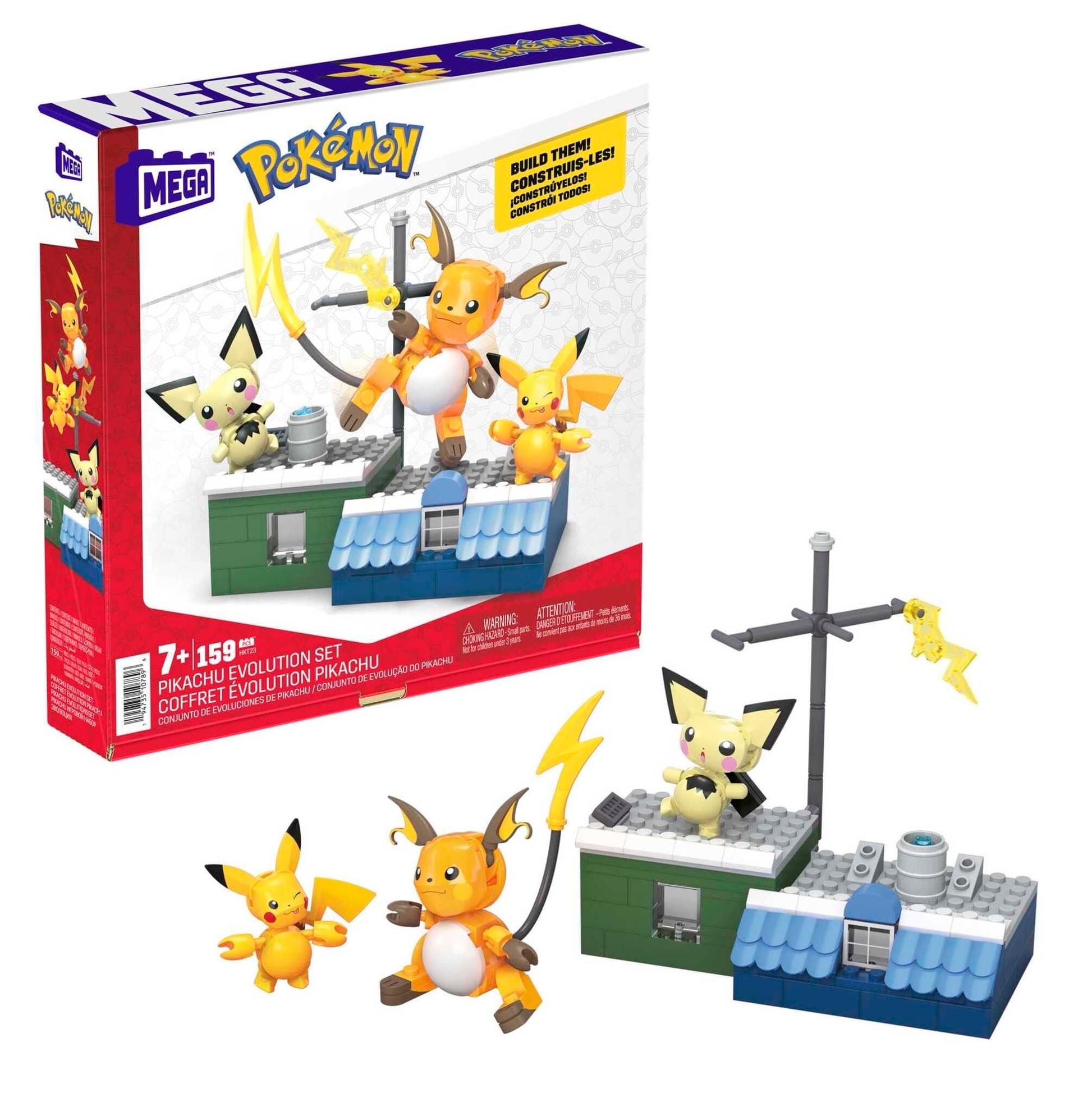 Pikachu evolution set with 3 poseable characters and 159 building pieces from Mega Brands, ideal for kids' playtime.