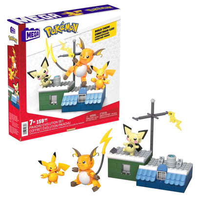 Pikachu evolution set with 3 poseable characters and 159 building pieces from Mega Brands, ideal for kids' playtime.