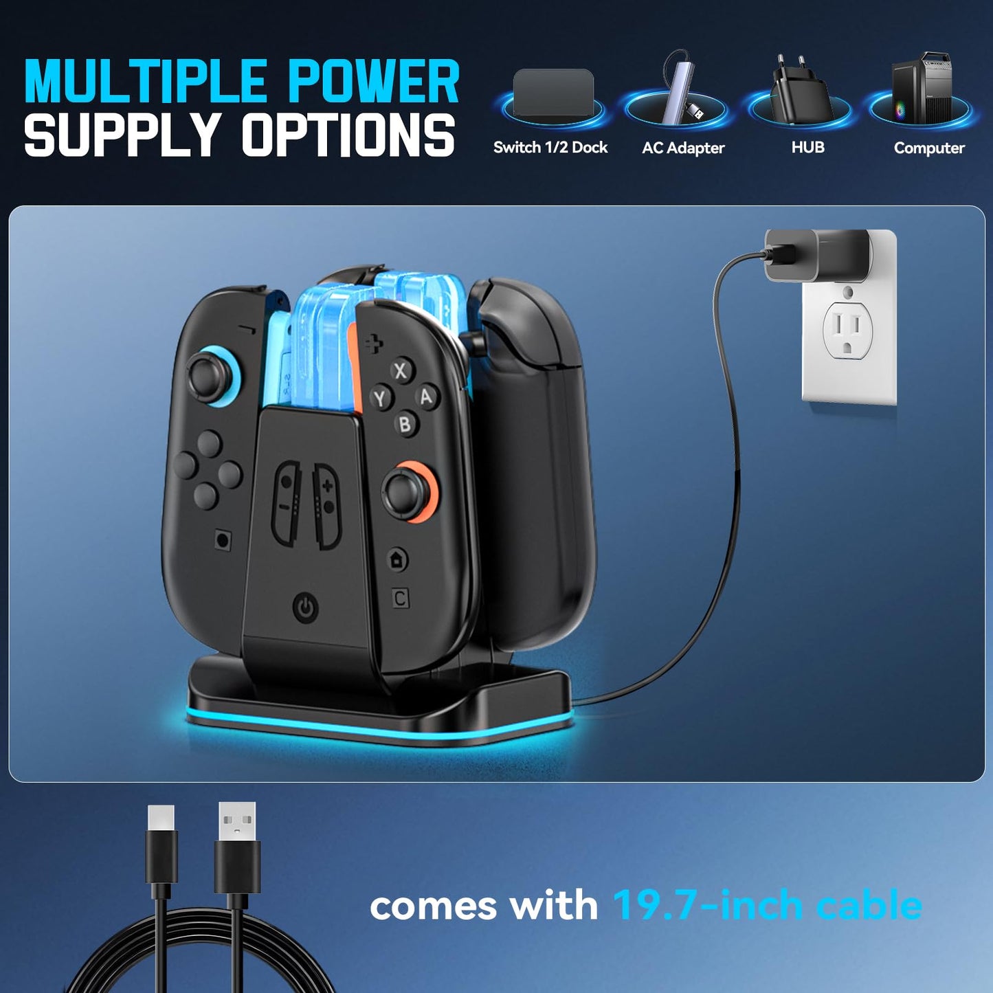 Rysker Switch 2 & 1 Controller Charger dock for Nintendo Switch, Joy-Cons, with 9 RGB lighting modes, fast charging station.