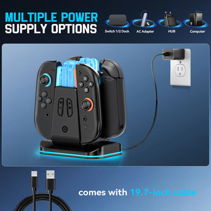 Rysker Switch 2 & 1 Controller Charger dock for Nintendo Switch, Joy-Cons, with 9 RGB lighting modes, fast charging station.